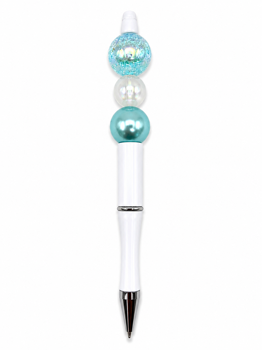 Mermaid Glow Beaded Pen – Iridescent Teal & Sparkly Beads - Coastal Chic Writing Pen with White Barrel