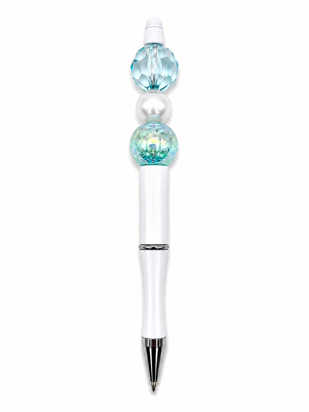Crystal Wave Beaded Pen – Teal Crystal & Pearl Bead Pen with White Barrel