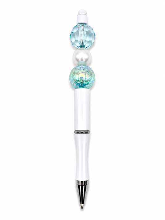 Crystal Wave Beaded Pen – Teal Crystal & Pearl Bead Pen with White Barrel