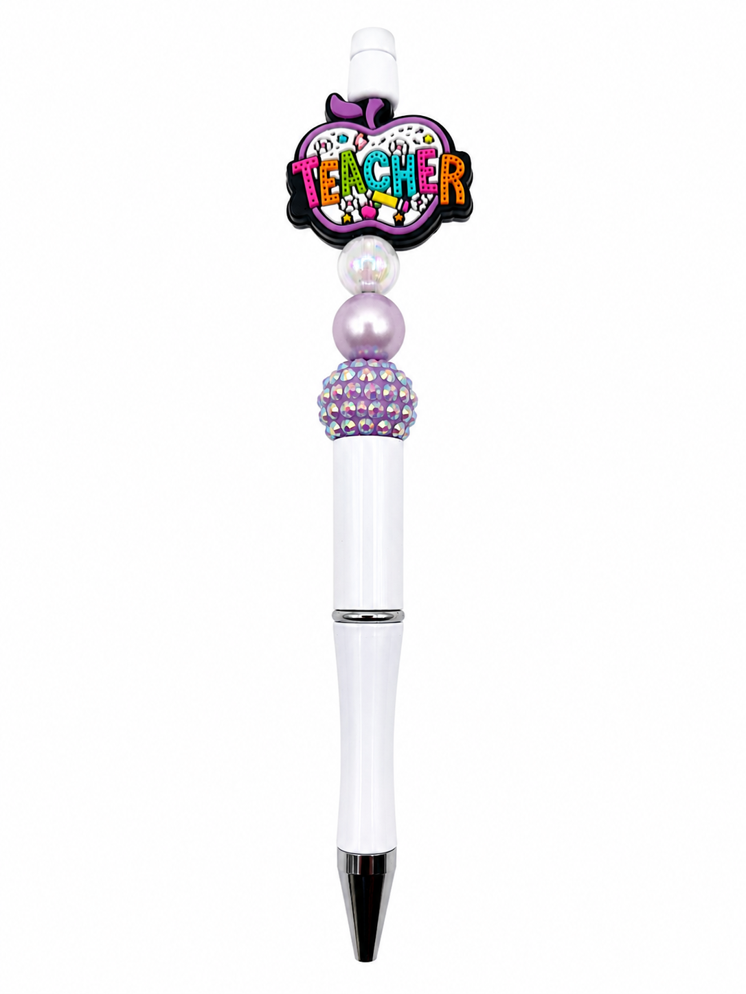 Teacher Apple Beaded Pen - White Barrel Pen with Purple Rhinestone Bead & Iridescent Accents