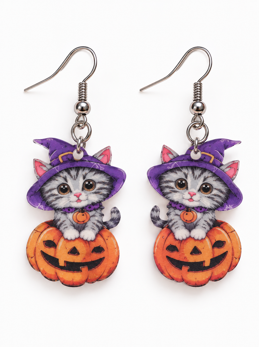 Kitten Pumpkin Acrylic Earrings