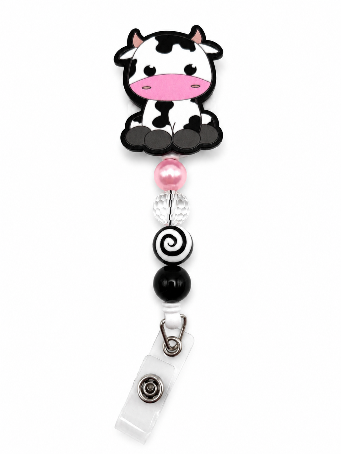 Cow Print Badge Reel - Pink & Black Cute Cow ID Holder with Swirl Bead