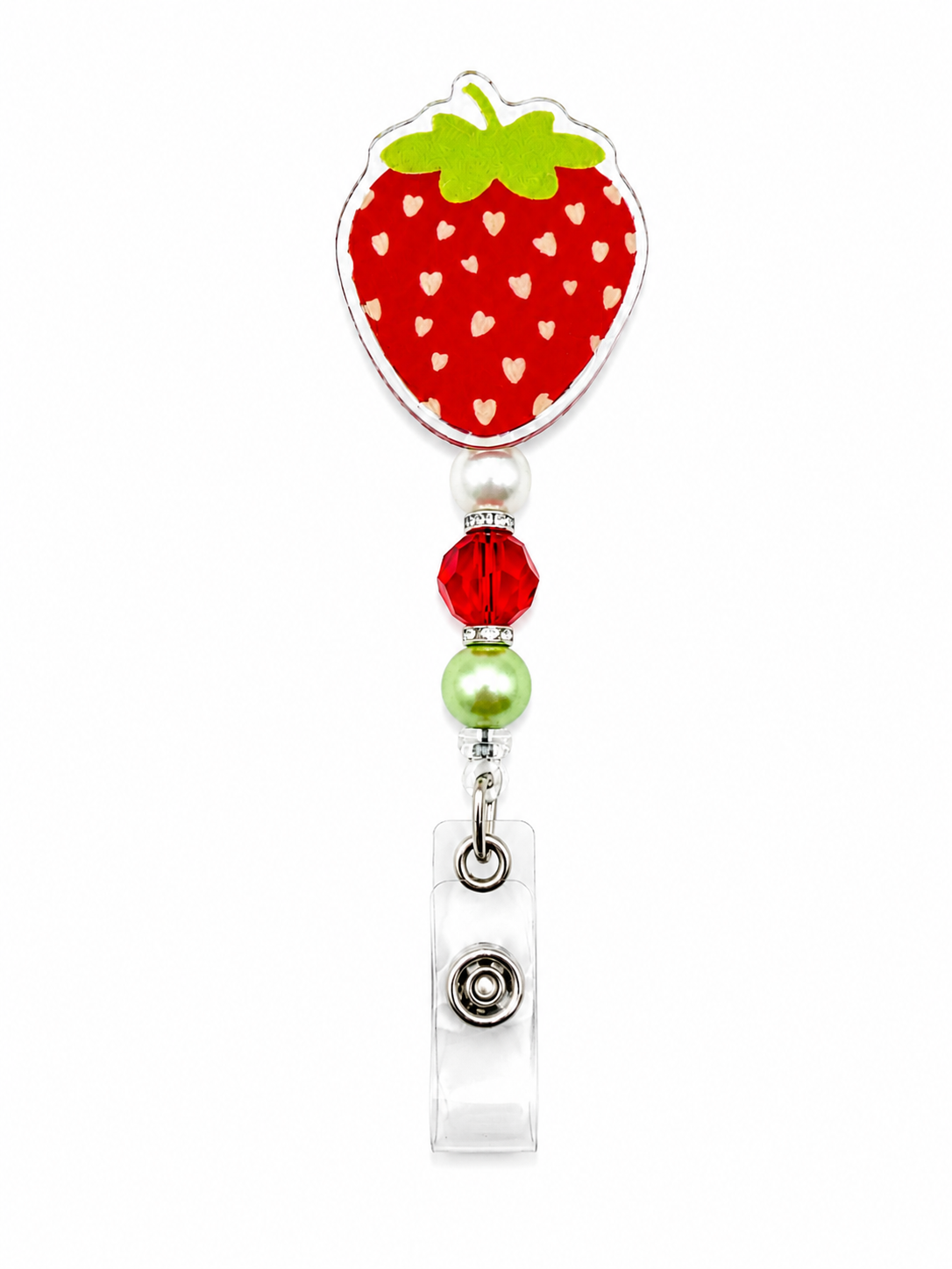 Strawberry Heart Badge Reel - Handmade Beaded Retractable ID Holder
