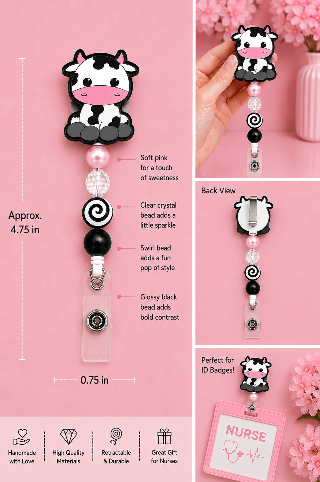 Cow Print Badge Reel - Pink & Black Cute Cow ID Holder with Swirl Bead