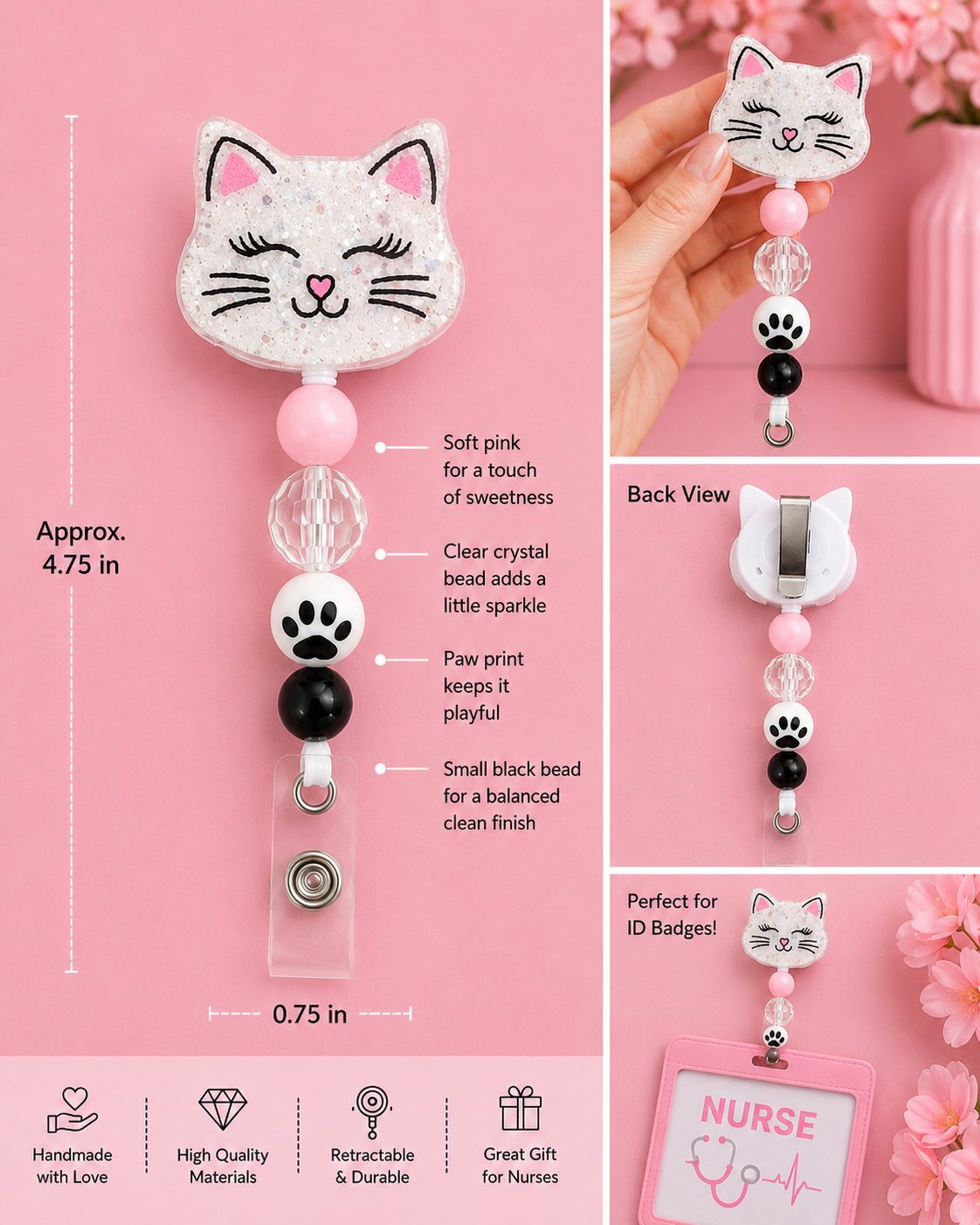 White Cat Badge Reel - Pink & Black Beaded Retractable ID Holder for Nurses & Teachers