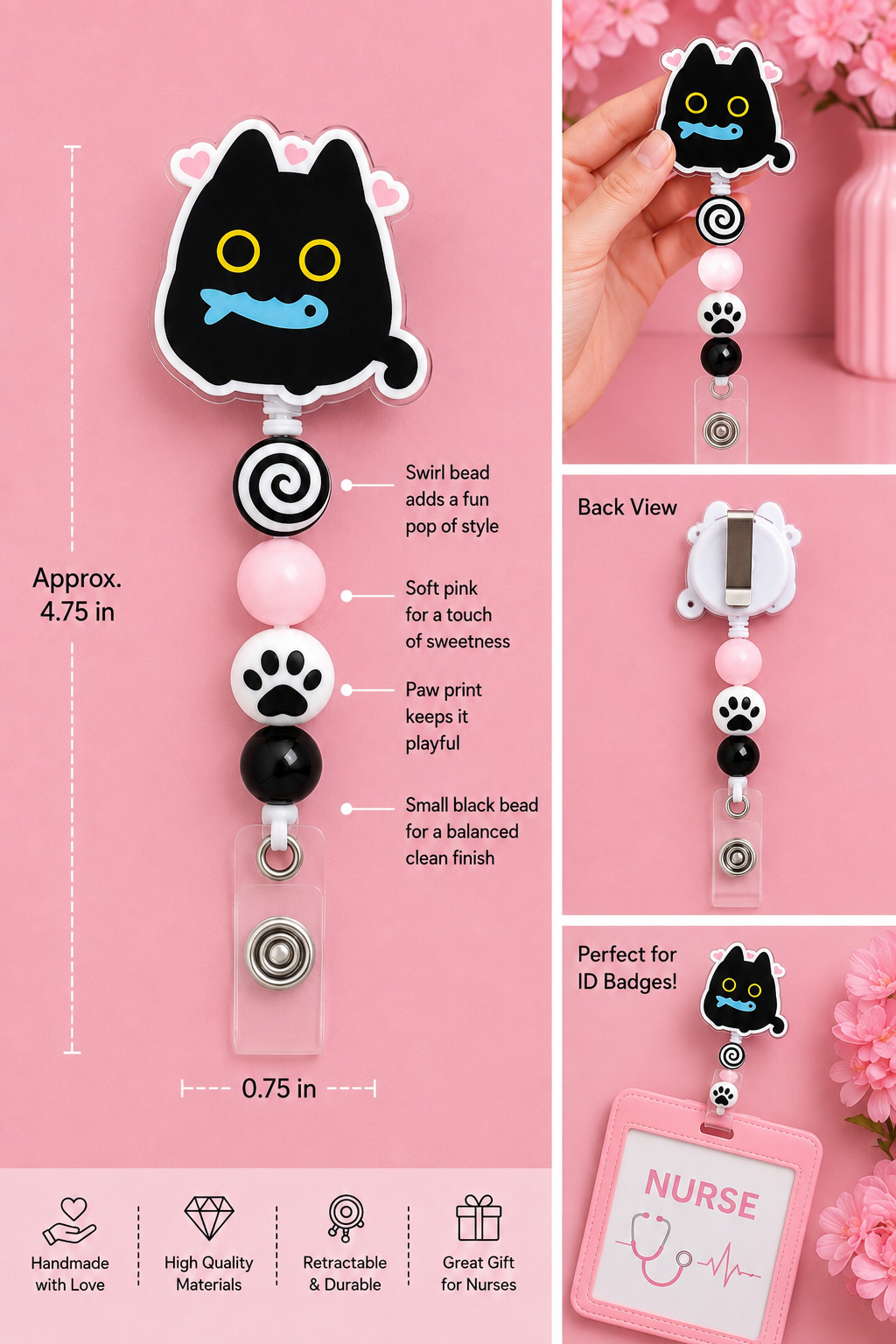 Cute Black Cat Badge Reel - Pink & Black Beaded Retractable ID Holder