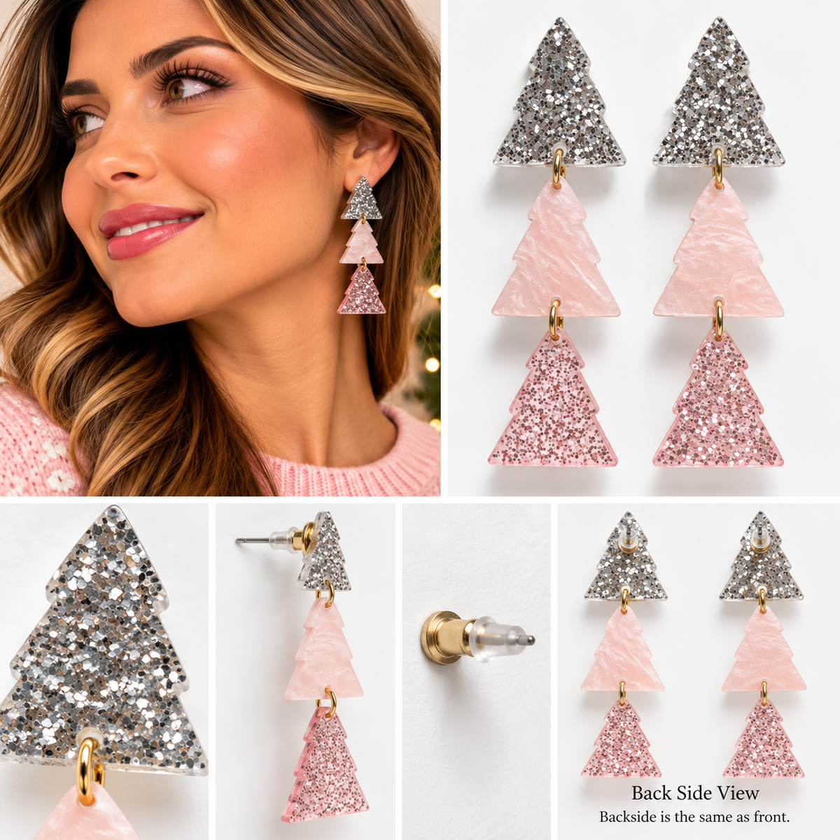 Pink & Silver Glitter Christmas Tree Dangle Earrings | Holiday Jewelry
