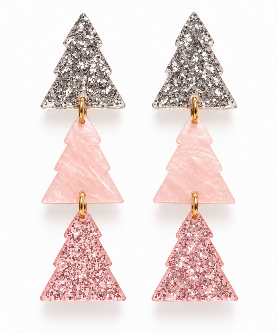 Pink & Silver Glitter Christmas Tree Dangle Earrings | Holiday Jewelry