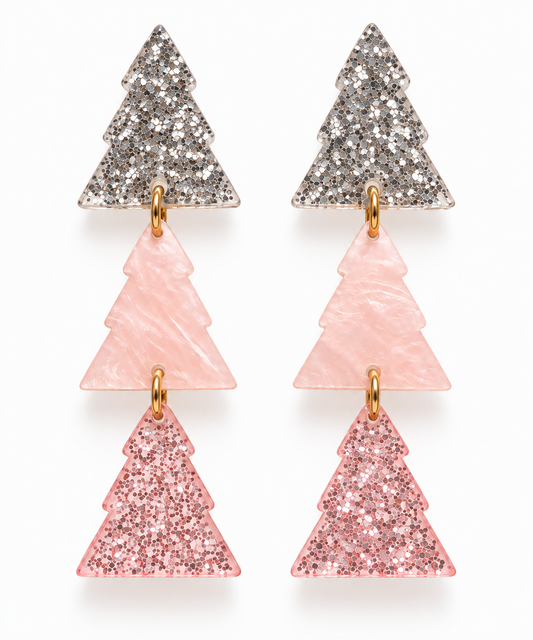 Pink & Silver Glitter Christmas Tree Dangle Earrings | Holiday Jewelry