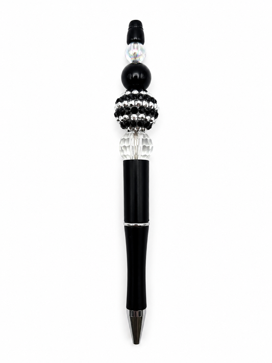 Black & Silver Glam Beaded Pen - Handmade Rhinestone Statement Pen