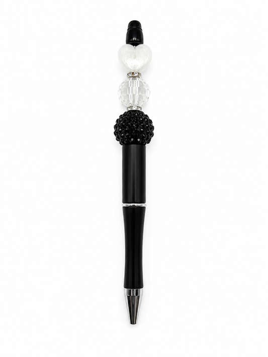 Black & White Heart Beaded Pen - Handmade Rhinestone & Crystal Accent Pen