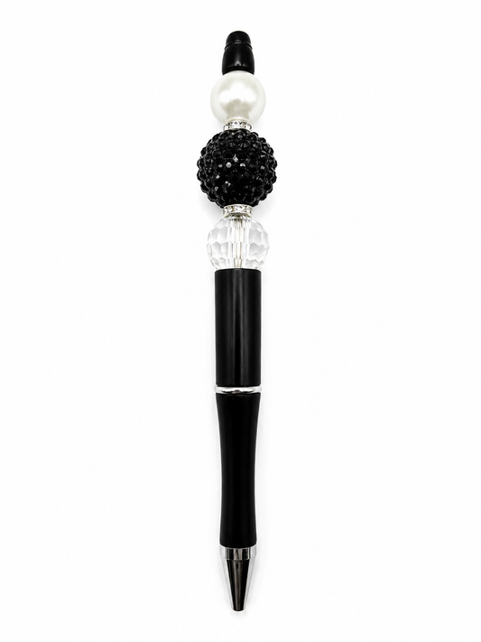Midnight Pearl Beaded Pen - Black & White Handmade Rhinestone Pen