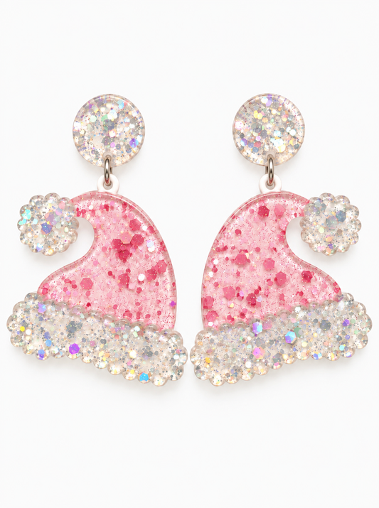 Pink Santa Hat Christmas Earrings – Sparkly Holiday Earrings - Beads & Glimmer