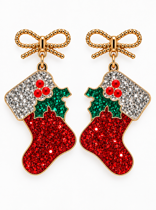 Red Glitter Christmas Stocking Earrings – Festive Holiday Earrings with Gold Bow - Beads & Glimmer