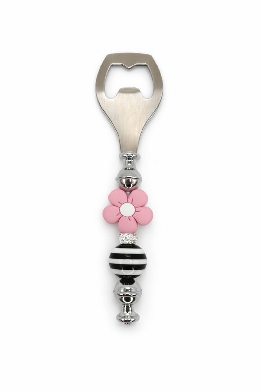 Pink Flower Stripe Bead Bottle Opener – Handmade Cute Bar Accessory