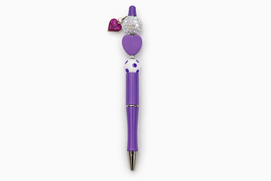 Purple Heart Charm Beaded Pen – Glitter Charm & Polka Dot Bead