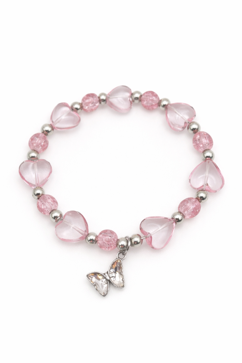 Pink Heart Glass Bead Bracelet with Pink Crackle Beads & Butterfly Charm