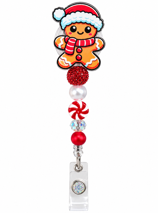 Christmas Gingerbread Beaded Badge Reel with Peppermint Candy