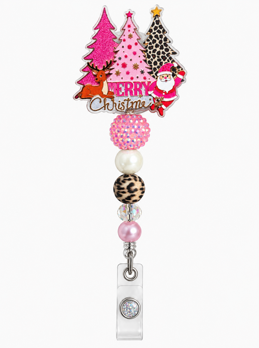 Pink Leopard Christmas Beaded Badge Reel - Santa & Reindeer