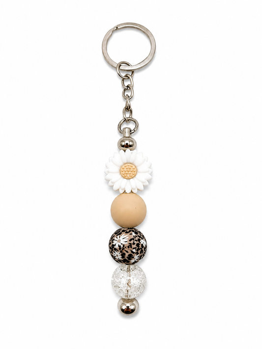 Daisy Leopard Beaded Keychain – Neutral Floral Keychain Charm