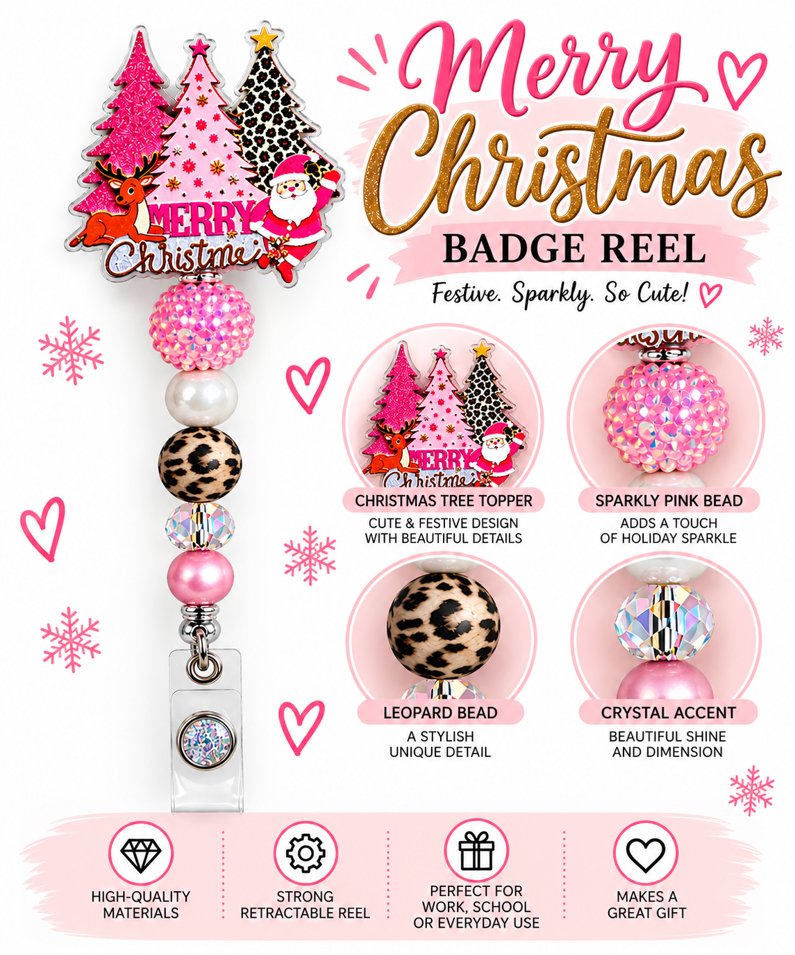 Pink Leopard Christmas Beaded Badge Reel - Santa & Reindeer