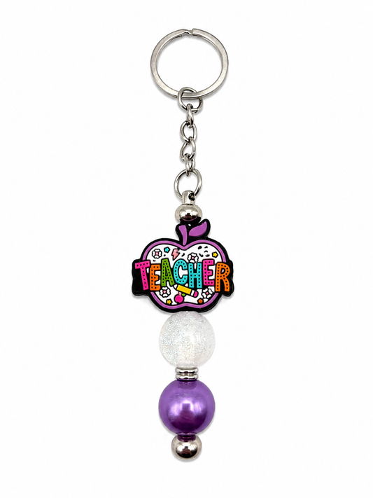 Teacher Apple Beaded Keychain – Handmade Gift for Teachers with Purple & Sparkle Beads