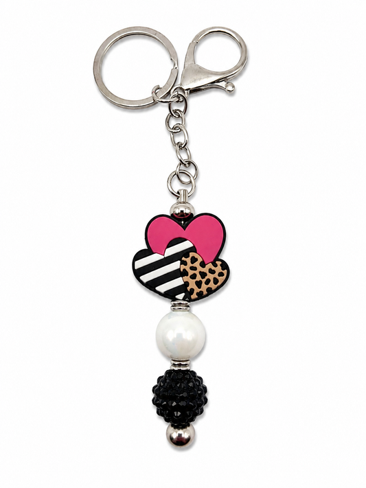 Heart Charm Beaded Keychain – Pink, Black & Leopard Accent Keychain