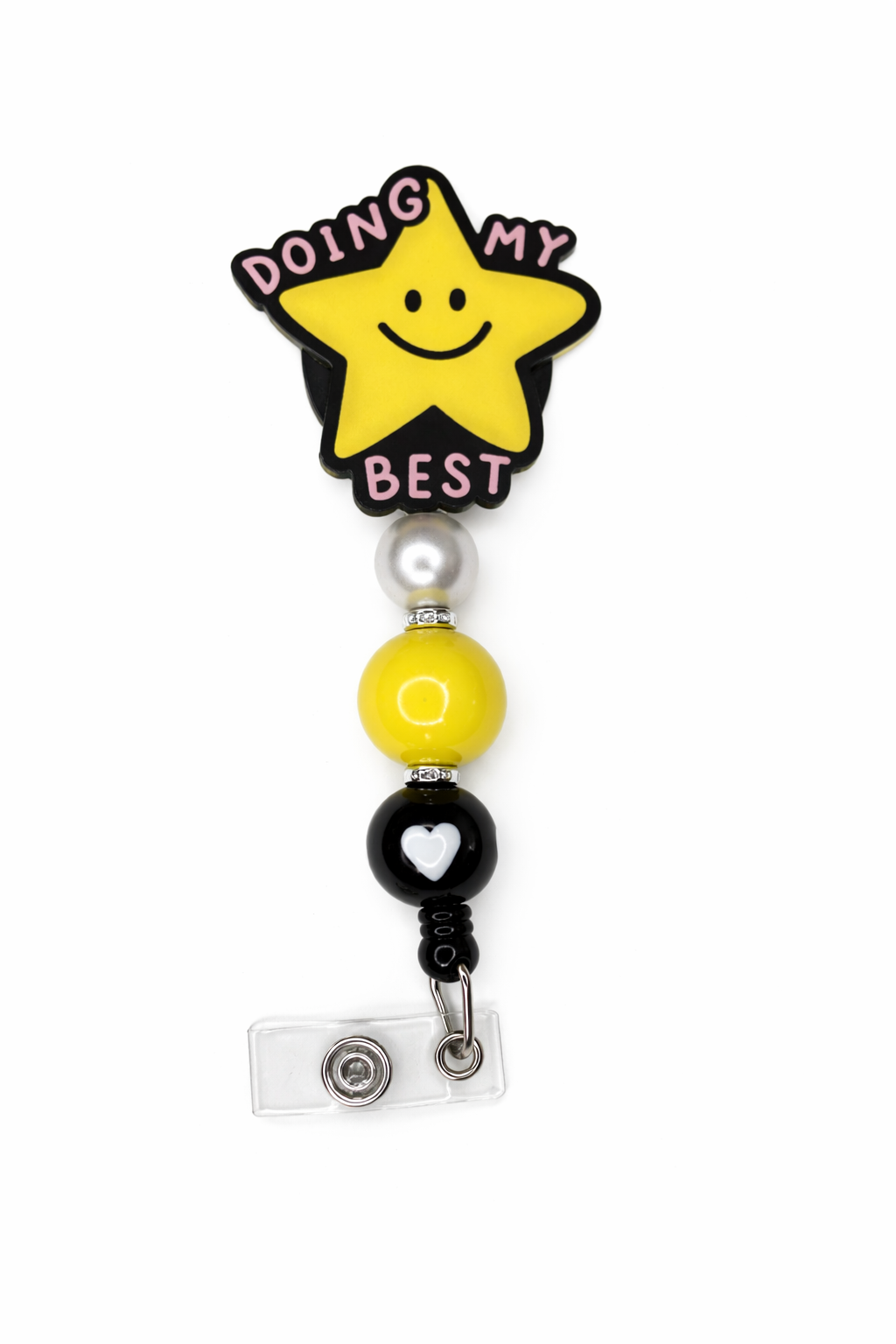 Doing My Best Star Badge Reel – Yellow & Black Beaded ID Holder