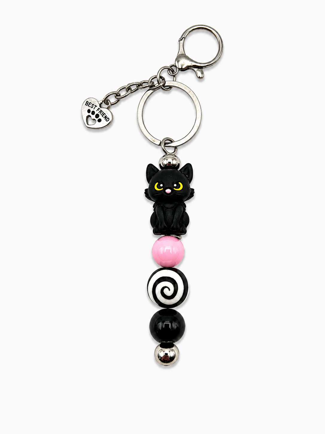 Black Cat Best Friend Keychain - Pink & Black Handmade Beaded Cat Lover Gift