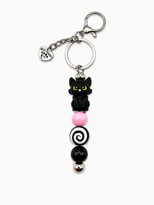 Black Cat Best Friend Keychain - Pink & Black Handmade Beaded Cat Lover Gift