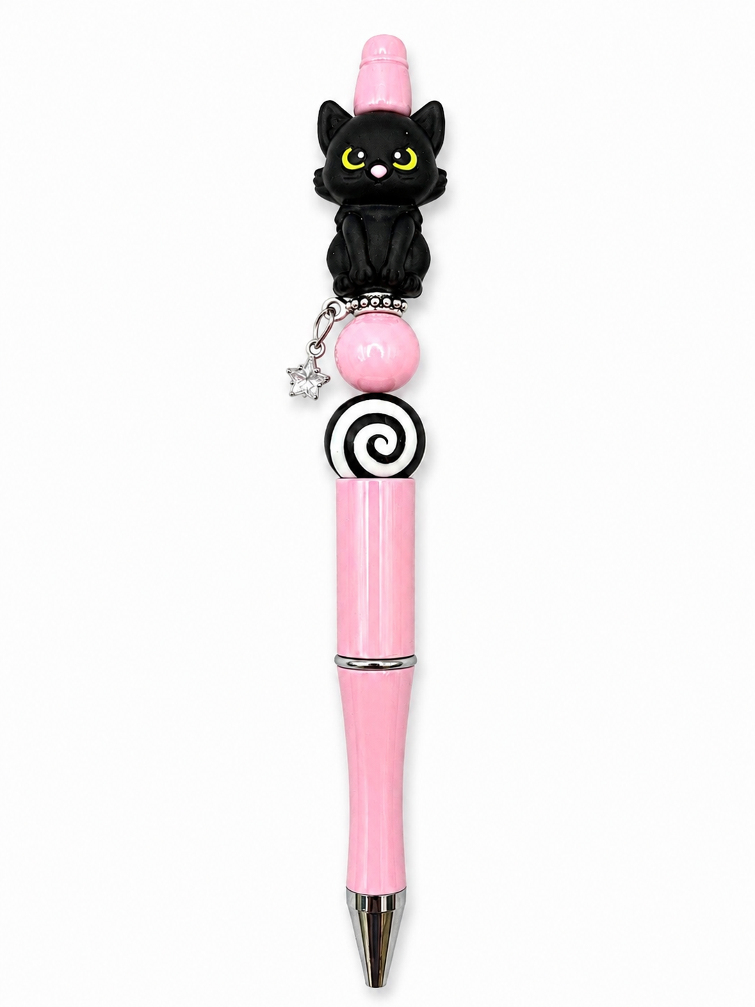 Black Cat Charm Beaded Pen - Pink & Black Handmade Pen with Crystal Star Charm