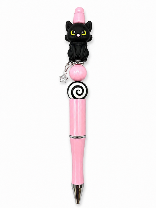 Black Cat Charm Beaded Pen - Pink & Black Handmade Pen with Crystal Star Charm