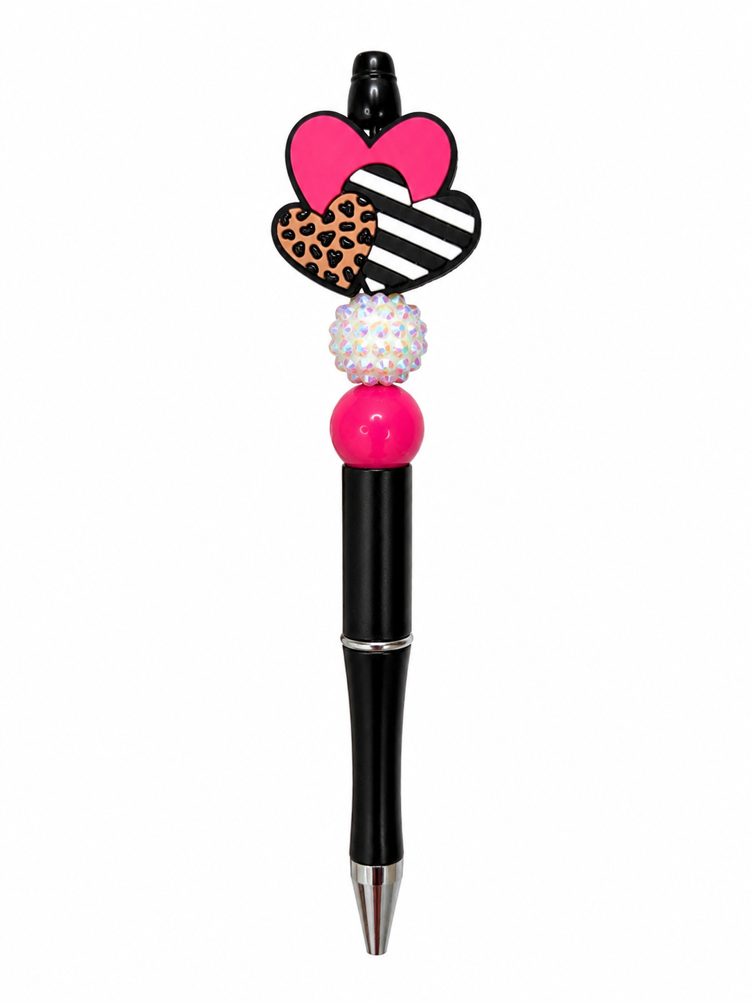 Pink Animal Print Heart Focal Beaded Pen - Hot Pink & White Sparkle Beads - Refillable Black Barrel Pen