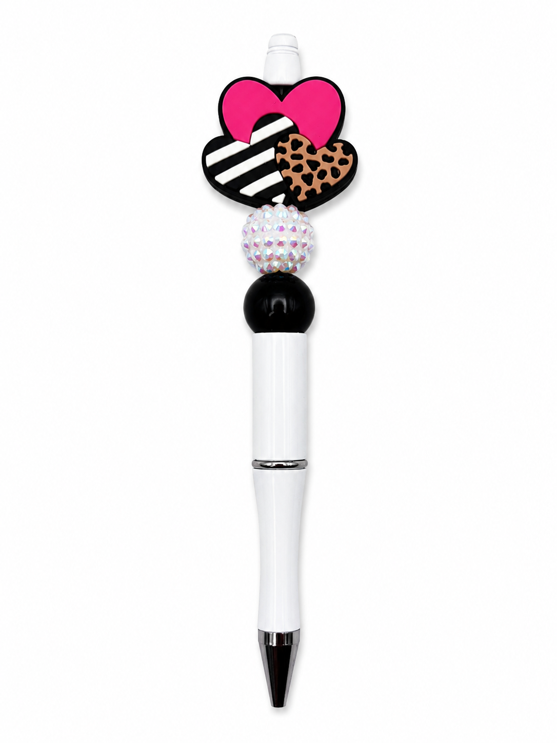 Pink Animal Print Heart Focal Beaded Pen - Sparkly White and Black Glossy Bead- Refillable White Barrel Pen