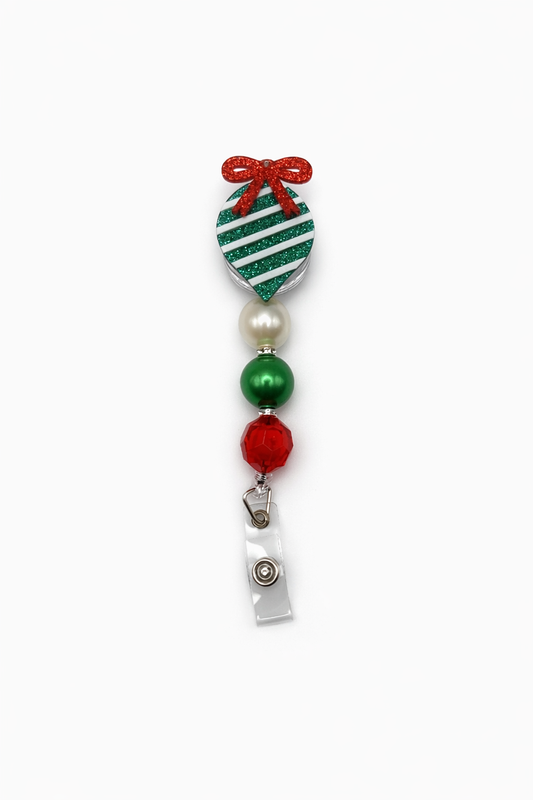 Holiday Ornament Badge Reel – Red Bow, Green Stripes & Festive Beads