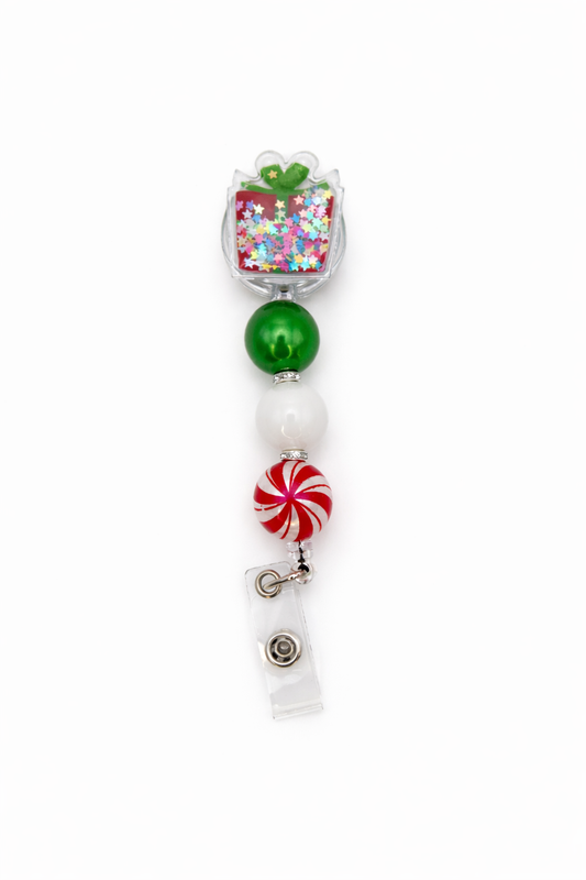 Christmas Box Gift Sparkly Shaker Badge Reel - Holiday Plastic Shaker ID Badge Holder – Beads & Glimmer