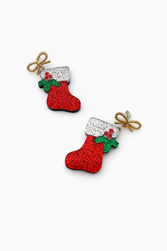 Red Glitter Christmas Stocking Earrings – Festive Holiday Earrings with Gold Bow - Beads & Glimmer