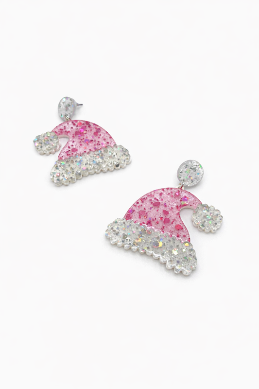 Pink Santa Hat Christmas Earrings – Sparkly Holiday Earrings - Beads & Glimmer