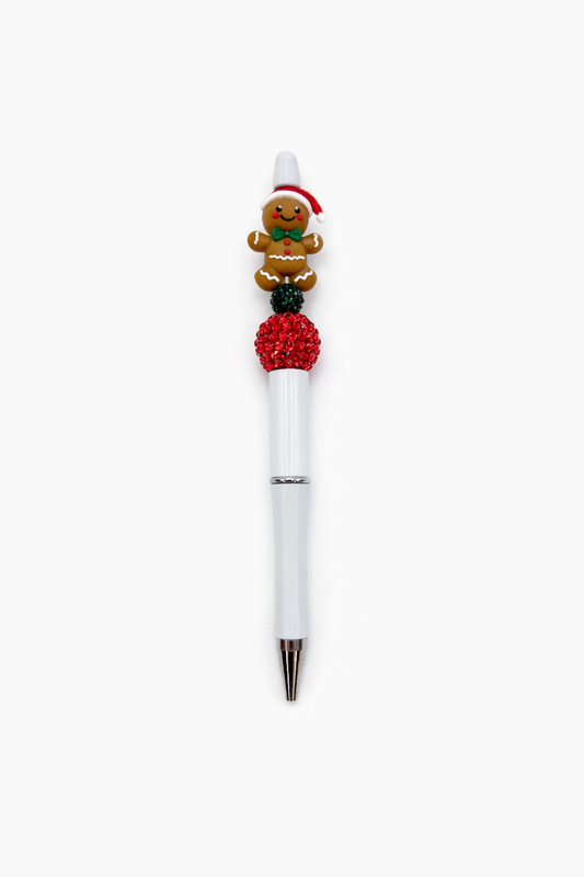 Gingerbread Man Beaded Pen with Red & Green Sparkle Beads - Cute Holiday Handmade Gift