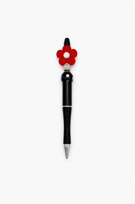 Red Daisy Flower Beaded Pen – Black Barrel, Rhinestone Accent & Polka Dot Beads - Handmade Sparkle Pen