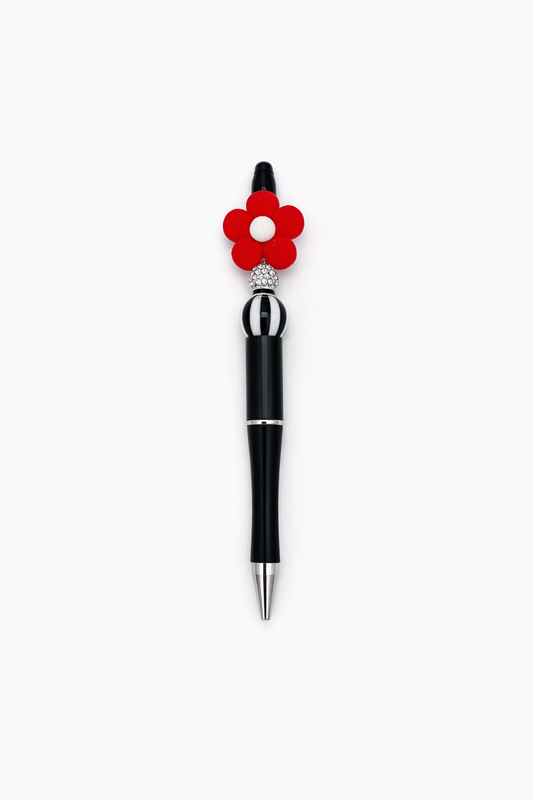 Red Daisy Flower Beaded Pen – Black Barrel with Rhinestone & Striped Bead - Handmade Sparkle Pen