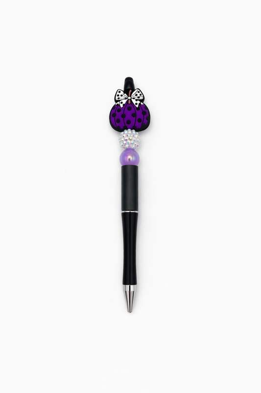Dark Purple Pumpkin Beaded Pen – Polka Dot Bow Accent