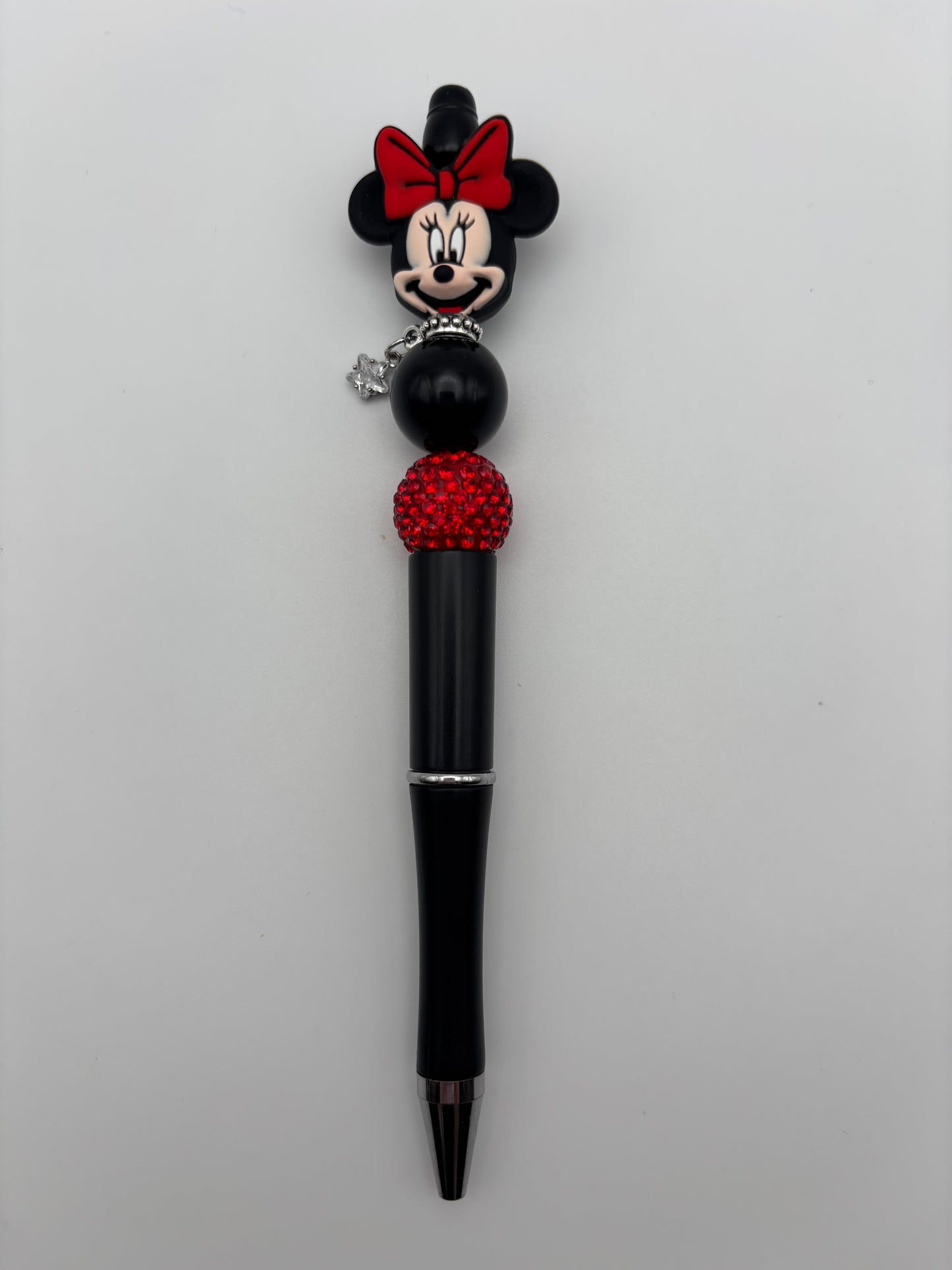Minnie Mouse Inspired Beaded Pen - Black & Red Rhinestone Handmade Pen with Star Charm