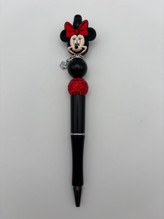 Minnie Mouse Inspired Beaded Pen - Black & Red Rhinestone Handmade Pen with Star Charm