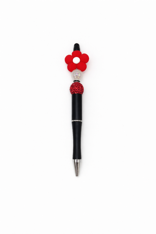 Red Daisy Flower Sparkle Beaded Pen - Handmade Black Barrel Pen – Cute Flower Pen Gift for Her