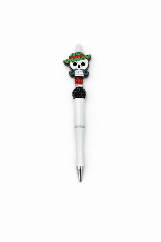 Skull with Sombrero Beaded White Pen – Day of the Dead Skull Pen