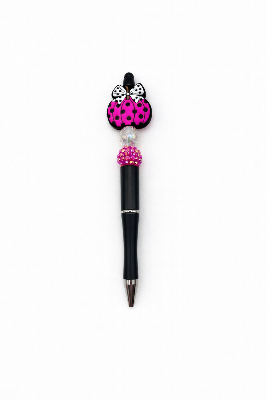Hot Pink & Black Polka Dot Pumpkin Beaded Pen with Bow – Sparkly Fall & Halloween Pen