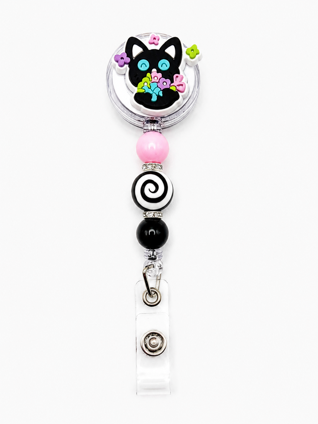 Black Cat Floral Badge Reel - Pink, Swirl & Black Beaded Retractable ID Holder