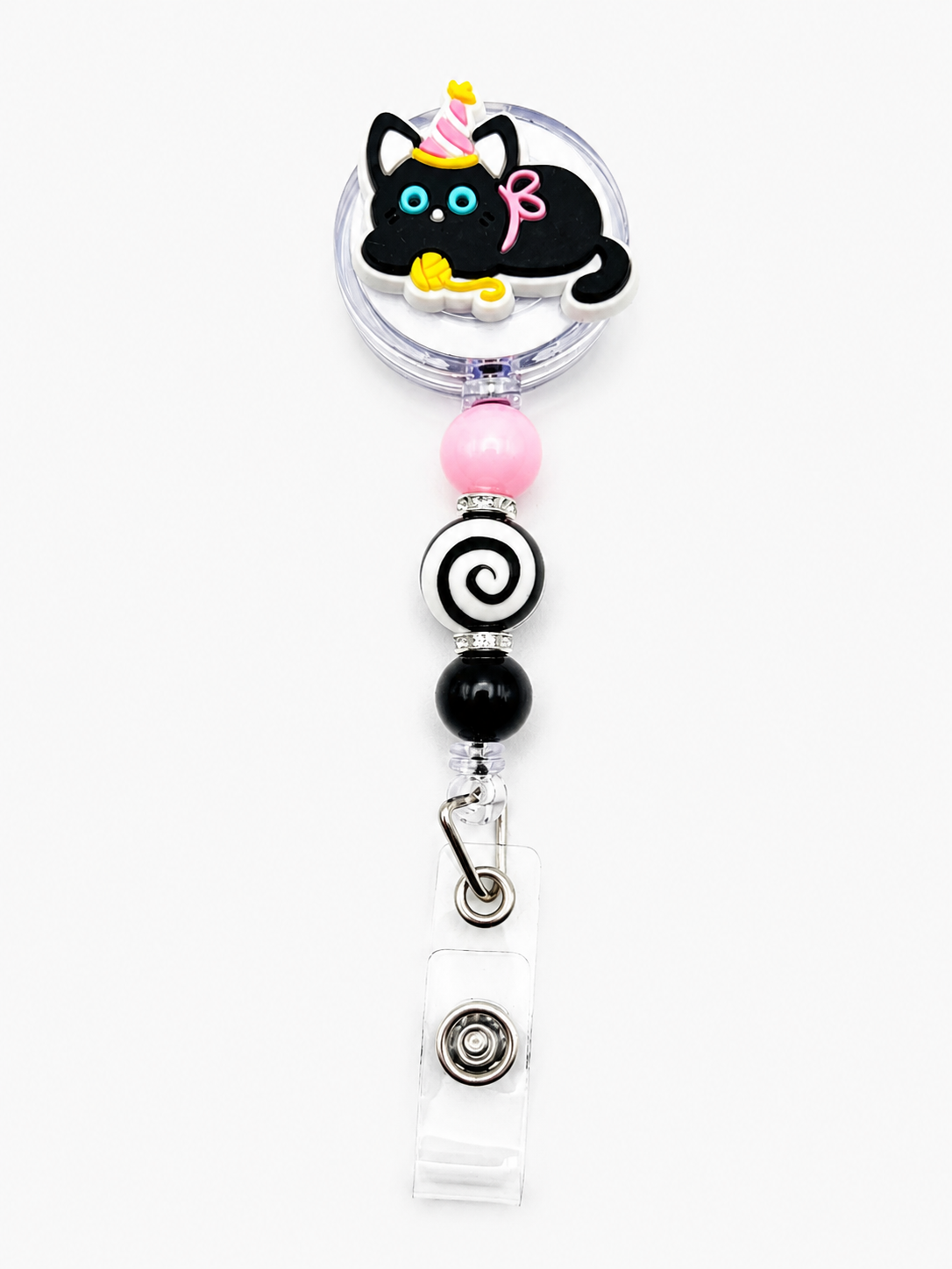 Black Cat Party Badge Reel - Pink, Black & Swirl Beaded Retractable ID Holder