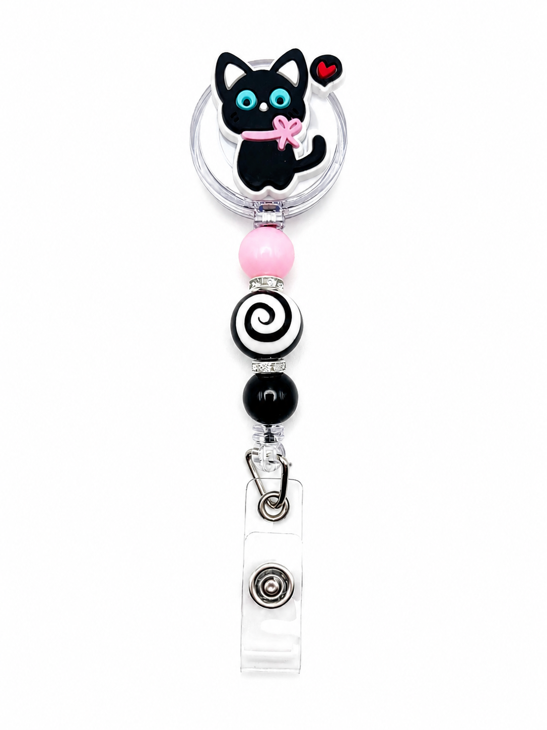 Black Cat Love Badge Reel - Pink, Black & Swirl Beaded Retractable ID Holder
